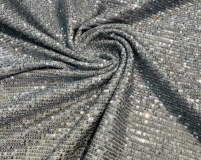 Silver | Gray Mille Striped Stretch Sequins | by the yard | Lace 4 Way Mesh-Prom-Gown | Wedding Couture Fabric | Sequin Fabric