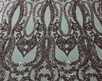 Rose Gold Sequins Lace Fabric On Nude Mesh, DAMASK Design Embroidered On 4 way Stretch Sequin By The Yard -Prom-Gown ( Choose The Size )