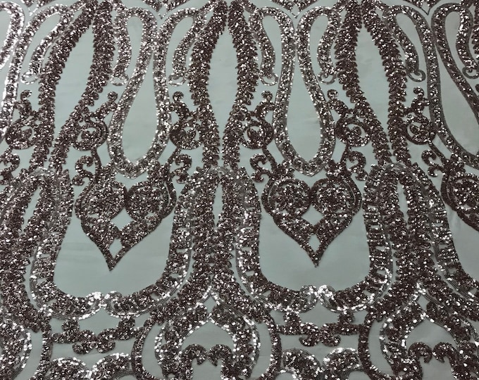Rose Gold Sequins Lace Fabric On Nude Mesh, DAMASK Design Embroidered On 4 way Stretch Sequin By The Yard -Prom-Gown ( Choose The Size )