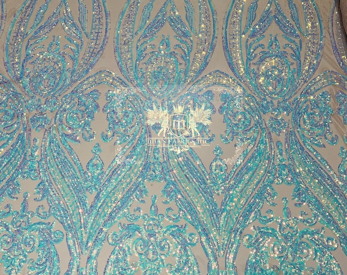 Aqua/Blue Iridescent on Blush Mesh CO,#1  - 4 Way Stretch Fancy Big Damask Design Sequins on Spandex Mesh Prom Gala Gown Fabric By The Yard