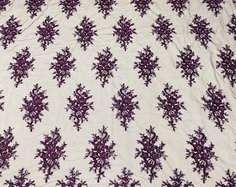 Sample 2”X4” Inches  Plum Cluster Bead Fabric - Embroidered Flower Beaded Fabric Wedding Bridal