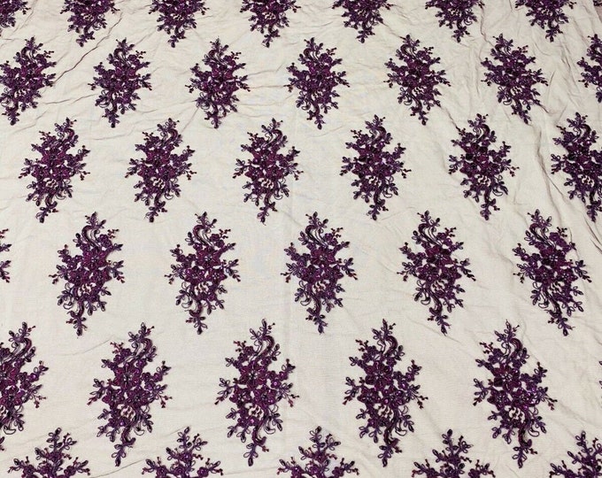 Sample 2”X4” Inches  Plum Cluster Bead Fabric - Embroidered Flower Beaded Fabric Wedding Bridal