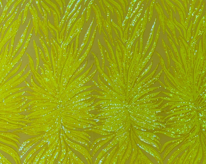 Yellow Iridescent Sequin, Yellow Mesh - 4 Way Stretch Sequin Fabric Spandex Mesh-Prom-Gown By The Yard