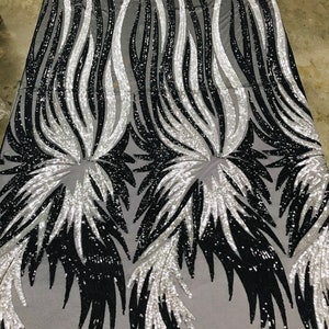 Black/Silver Sequins on Spandex Mesh By The Yard,Angel Wings Design Embroidered With Sequin on a Mesh 4way Stretch-Prom-Gown (Pick a Size)