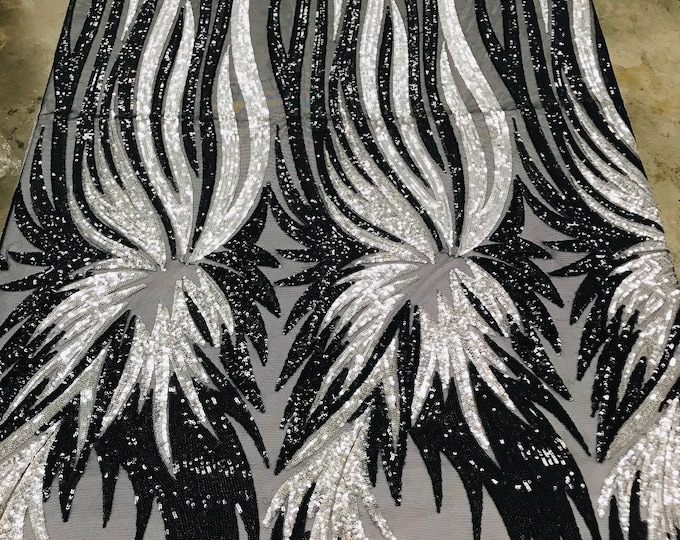 Black/Silver Sequins on Spandex Mesh By The Yard,Angel Wings Design Embroidered With Sequin on a Mesh 4way Stretch-Prom-Gown (Pick a Size)