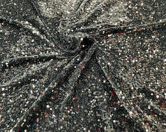 Black Sequin Stretch Velvet With Partial Luxury Sequins  5mm Shining Sequins 2-way Stretch 58/60” (Choose The Quantity)