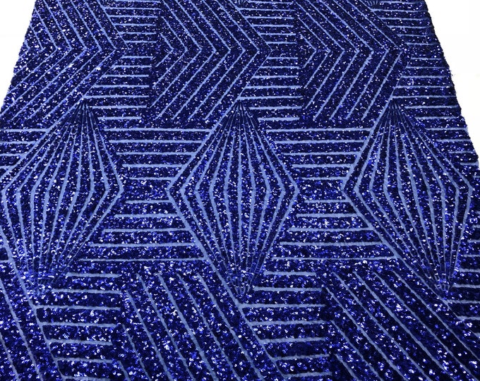 Royal Blue Geometric Design On Spandex Mesh-Prom-Gown, 2 Way Stretch Sequin Fabric By The Yard