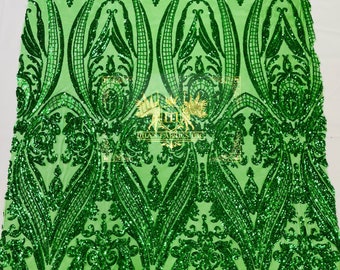 Emerald Green Sequin Fabric - Damask Design, 4-Way Stretch
