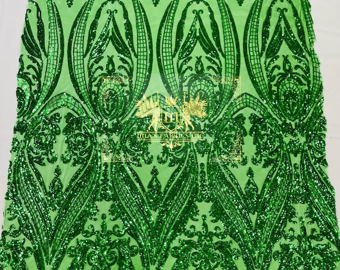 Emerald Green Sequins - 4 Way Stretch Fancy Big Damask Design Sequins on Spandex Mesh Prom Gala Gown Fabric By The Yard