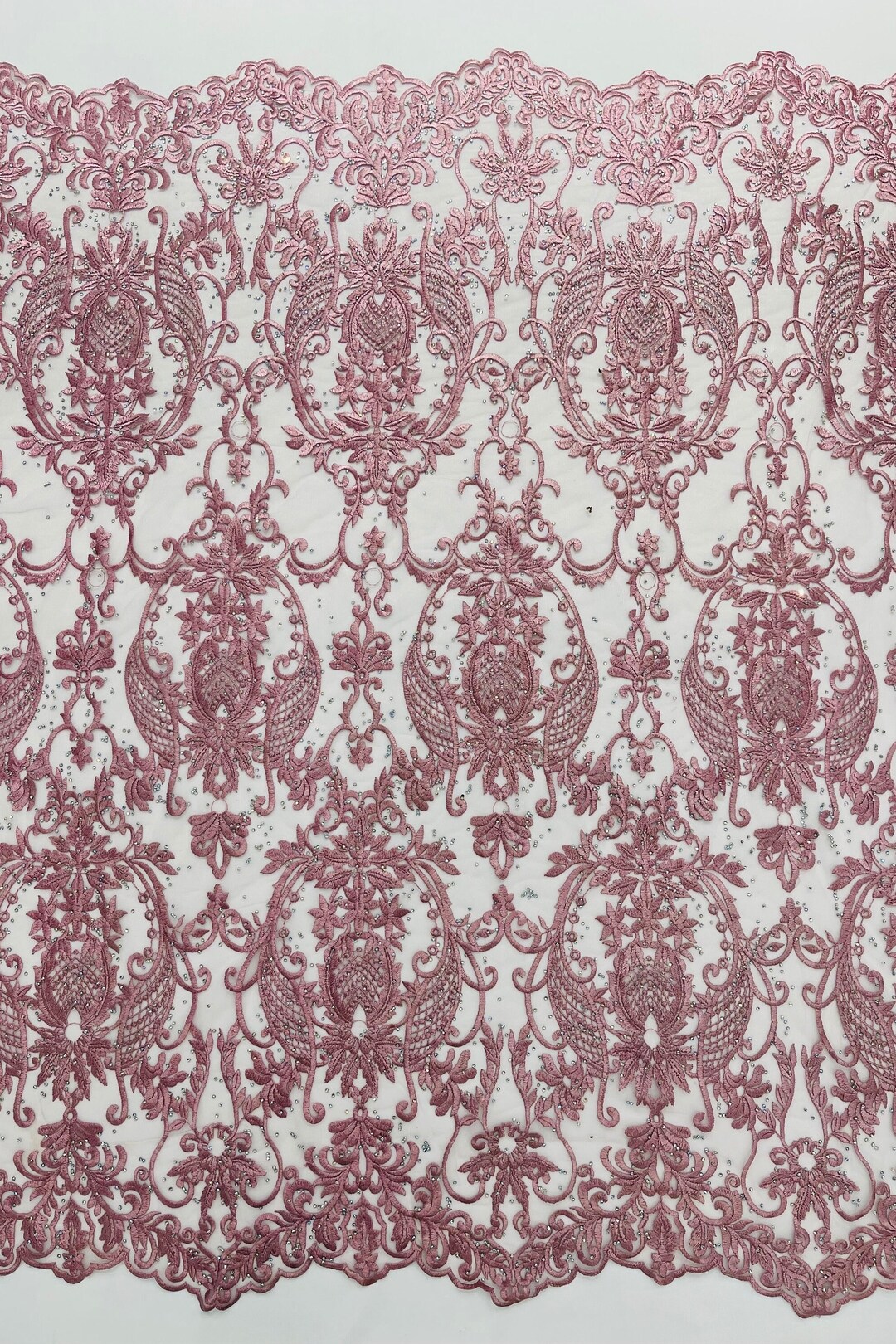 Dusty Rose Rhinestone Dusty Rose Damask Lace Fabric With Rhinestones - Bridal Wedding Gown ...
