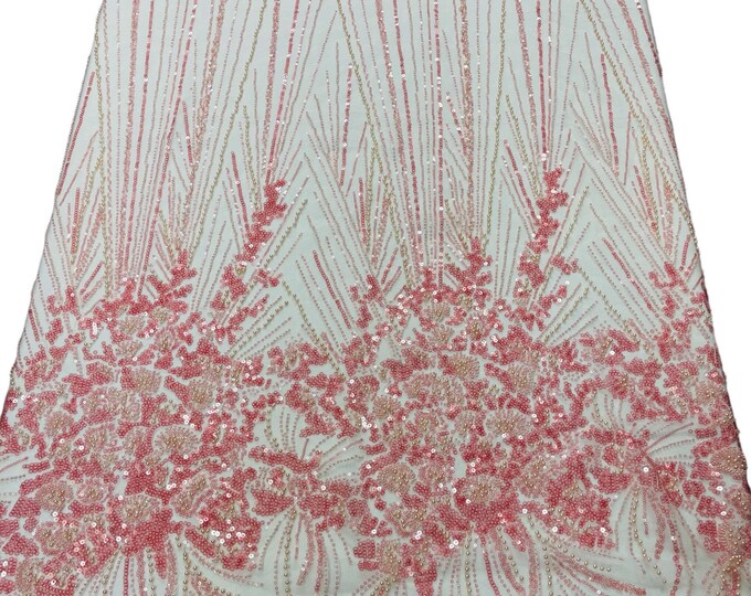 Pink Beaded Fabric by the yard, Bridal Wedding beaded, Floral Damask Pattern With Beads and Sequin, Appliqué lace for bridals