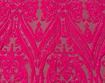 Neon Pink Sequin Fabric - 4 Way Stretch Fancy Big Damask Design Sequins on Spandex Mesh Prom Gala Gown Fabric By The Yard