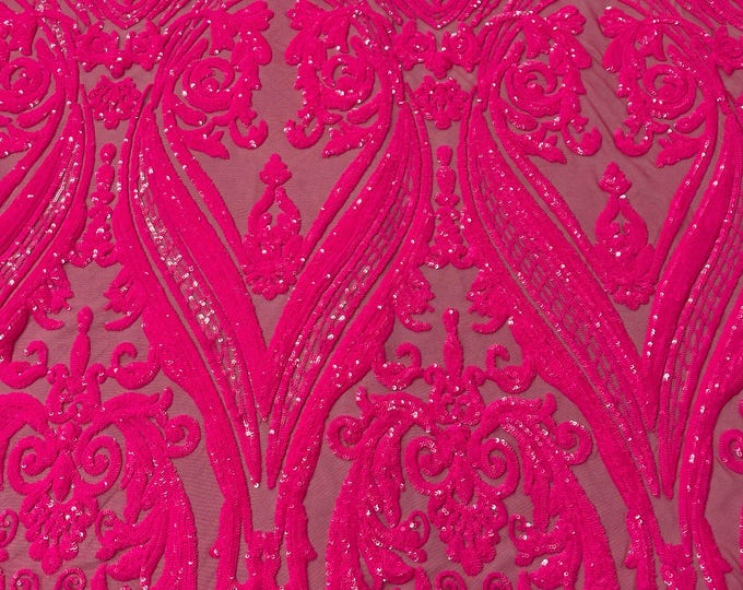 Neon Pink Sequin Fabric - 4 Way Stretch Fancy Big Damask Design Sequins on Spandex Mesh Prom Gala Gown Fabric By The Yard