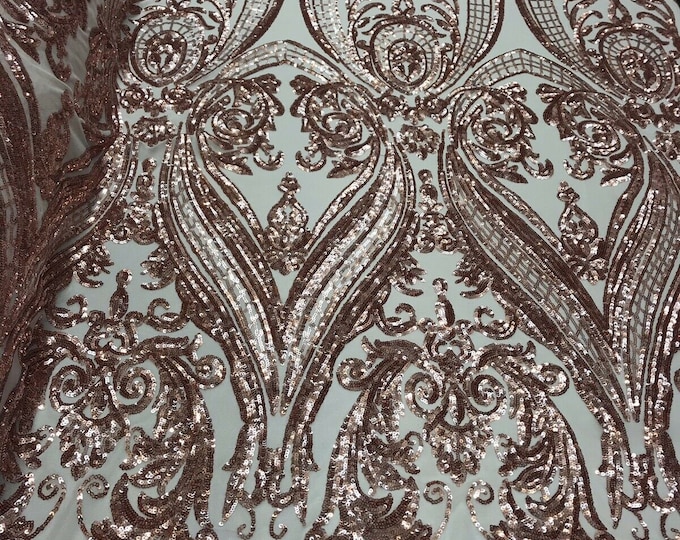Rose Gold Sequin - 4 Way Stretch Fancy Big Damask Design Sequins on Spandex Mesh Prom Gala Gown Fabric By The Yard