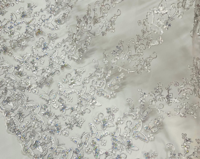 White Silver Hologram Sequin Butterfly Lace Fabric: Metallic Corded Embroidery with Sequins