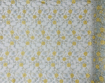 Gold Floral Embroidered Blue Tulle Lace Fabric - By The Yard