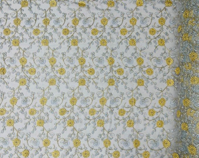 Metallic Gold Flowers With Blue Leaves Embroidered on Blue Tulle, Corded Lace Fabric by the yard, Multi Colors Floral Design (Pick a Size)
