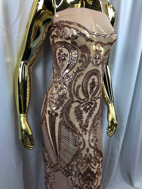 Rose Gold Sequin Lace Fabric: Damask Embroidered Mesh, 4-way Stretch - Etsy