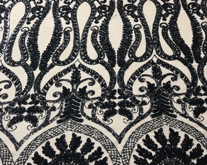 Black Sequins Lace Fabric On Nude Mesh, DAMASK Design Embroidered On 4 way Stretch Sequin By The Yard -Prom-Gown ( Choose The Size )
