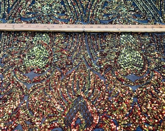 Iridescent Orange Sequin Fabric: 4-Way Stretch Damask Aria Design By The Yard