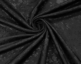 Black Floral Brocade Jacquard Satin Fabric - 58/60" Wide