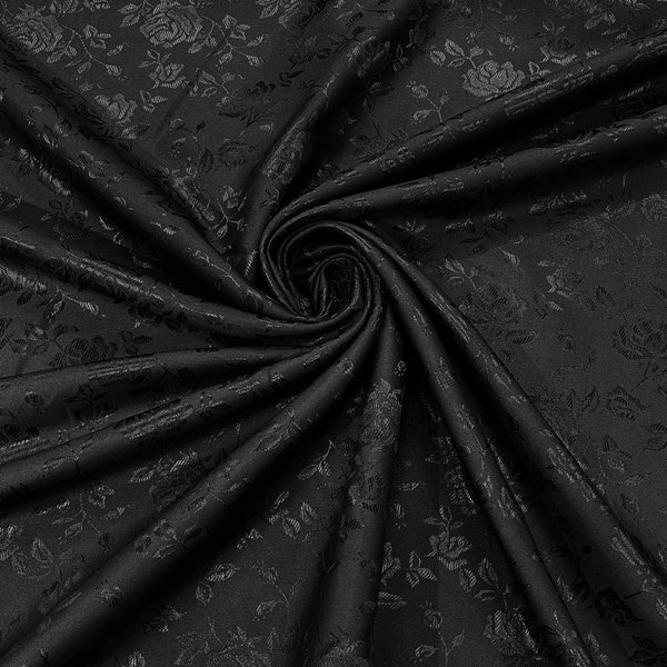 Tissu satiné jacquard brocart à fleurs noires, vendu par cour Polyester Satin Floral Large 58/60" (Choisissez la quantité)
