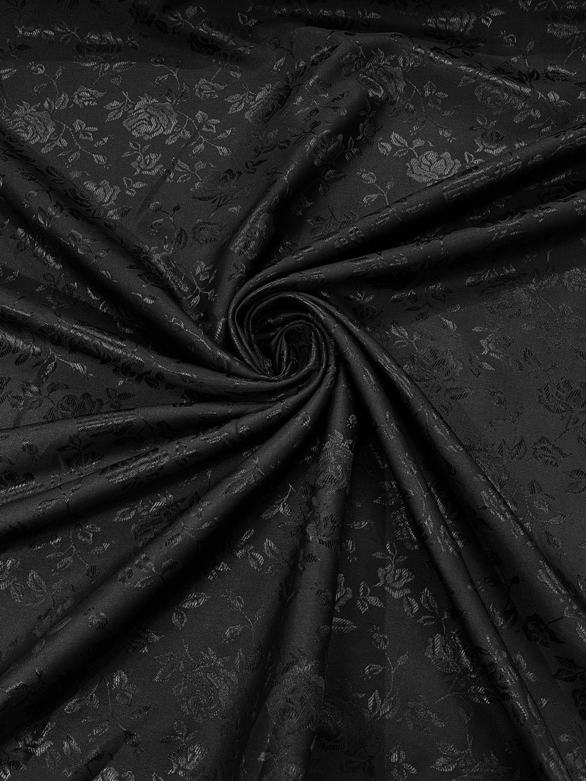 Black Flower Brocade Jacquard Satin Fabric, Sold by the Yard