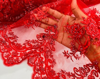 Red Embroidery Beaded Fabric With Sequin on a Mesh, Red Beaded Fabric Floral Bridal Lace Fabric by the yard