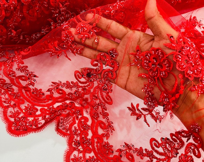 Red Embroidery Beaded Fabric With Sequin on a Mesh, Red Beaded Fabric Floral Bridal Lace Fabric by the yard