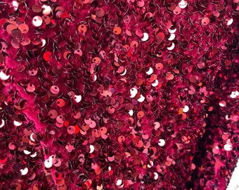 Burgundy Sequin Stretch Velvet Fabric: 5mm Shining Sequins, 2-Way Stretch (58/60")