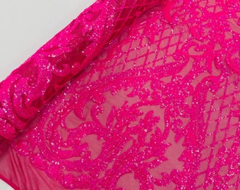 Hot Pink Hologram Sequin Fabric | 4 Way Stretch Mesh | Embroidered Damask Design With Sequin Lace Prom-Gown by the yard