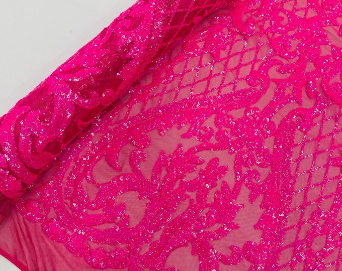 Hot Pink Hologram Sequin Fabric | 4 Way Stretch Mesh | Embroidered Damask Design With Sequin Lace Prom-Gown by the yard