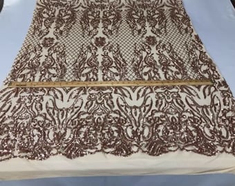 Khaki Damask Sequin Fabric: Embroidered 4-Way Stretch Spandex