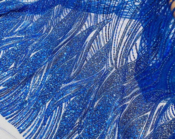 Royal Blue Beaded Lace Fabric: Embroidered Mesh, Bridal Wedding Dress - Sold By The Yard