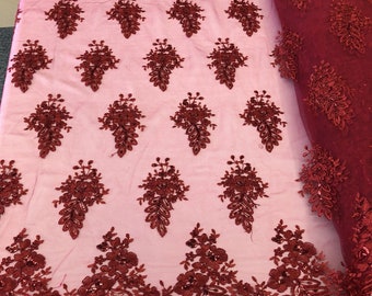 Burgundy Lace Floral Lace Fabric, Embroidery With Sequins on a Mesh Lace Fabric By The Yard For Gown, Wedding-Bridal (Choose The Quantity)