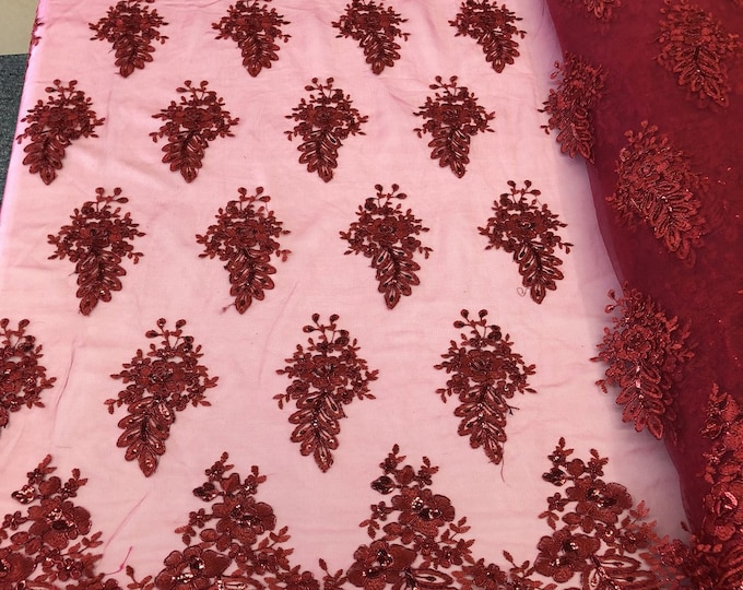 Burgundy Lace Floral Lace Fabric, Embroidery With Sequins on a Mesh Lace Fabric By The Yard For Gown, Wedding-Bridal (Choose The Quantity)
