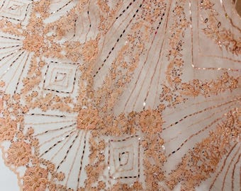 Peach Beaded Lace Fabric: Geometric Embroidery on Mesh, Bridal Luxury