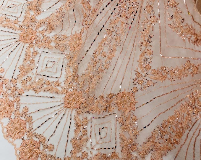 Peach Beaded Geometric Pattern Beaded Fabric, by the yard, Embroidery Beaded Lace Fabric, Geometric Luxury Bridal Beaded Fabric on a Mesh