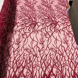 Burgundy Bridal Wedding Lace Beaded Fabric - by the yard - Root Design Hand Embroidered With Beads and Sequins on a Mesh