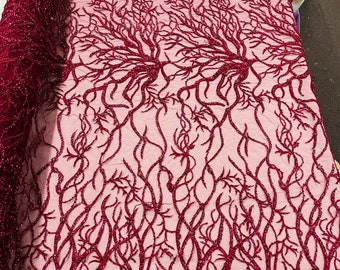 Burgundy Beaded Lace Fabric: Floral Embroidered Mesh, Wedding Bridal By The Yard