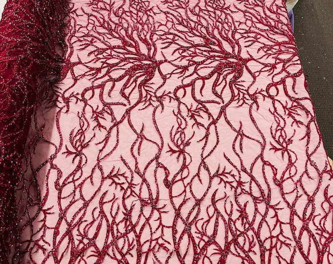 Burgundy Bridal Wedding Lace Beaded Fabric - by the yard - Root Design Hand Embroidered With Beads and Sequins on a Mesh