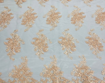 Peach Floral Embroidery Lace Fabric, Bridal Gown Mesh Lace By The Yard