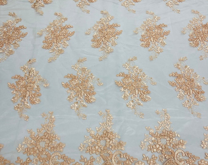 Peach Floral Lace Fabric, Embroidery on a Mesh Lace Fabric By The Yard For Gown, Wedding-Bridal-Dress