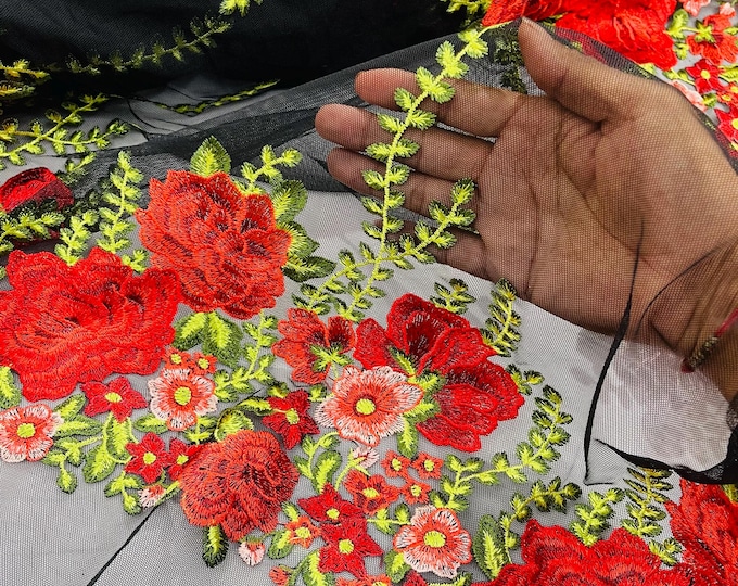 Red Oaxaca Lace Fabric By Yard, Multi Color Floral and Leaves Embroidery on (Black Mesh) Lace Fabric Mexican Sarape 3D Flower Quinceanera