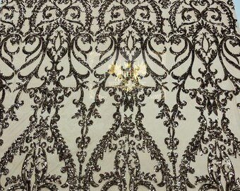 Khaki Sequins Lace Fabric On Nude Mesh, Damsk Design Embroidered 4way Stretch Sequin By The Yard -Prom-Gown ( Choose The Size )