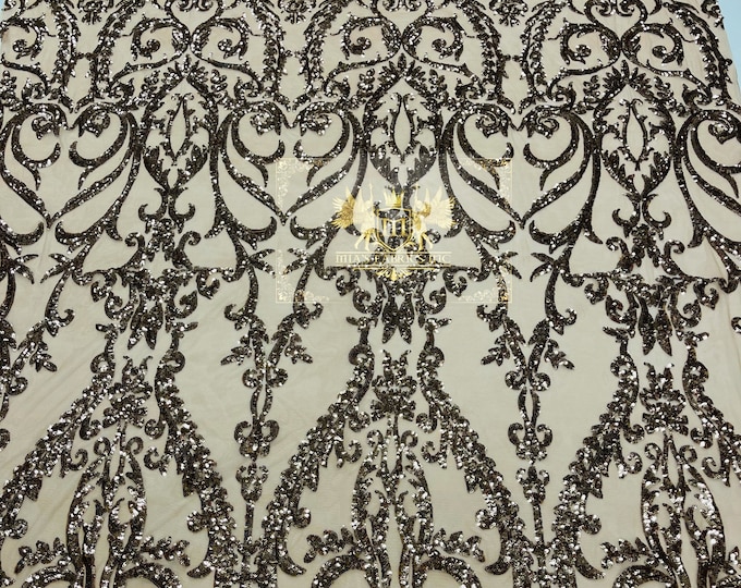 Khaki Sequins Lace Fabric On Nude Mesh, Damsk Design Embroidered 4way Stretch Sequin By The Yard -Prom-Gown ( Choose The Size )