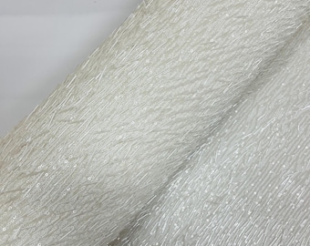Off White Gleam Beaded with Sequins Stretch Mesh Fabric By The Yard | Embroidery Beaded Sequins Fabric on a Mesh Prom,Gown