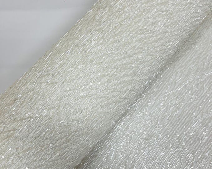 Off White Gleam Beaded with Sequins Stretch Mesh Fabric By The Yard | Embroidery Beaded Sequins Fabric on a Mesh Prom,Gown