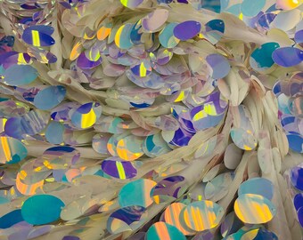 Aqua/Blue Iridescent Jumbo Oval Paillette on  White Mesh by the yard | Jumbo Tear Drop Sequins Fabric | Mia Fabrics Inc