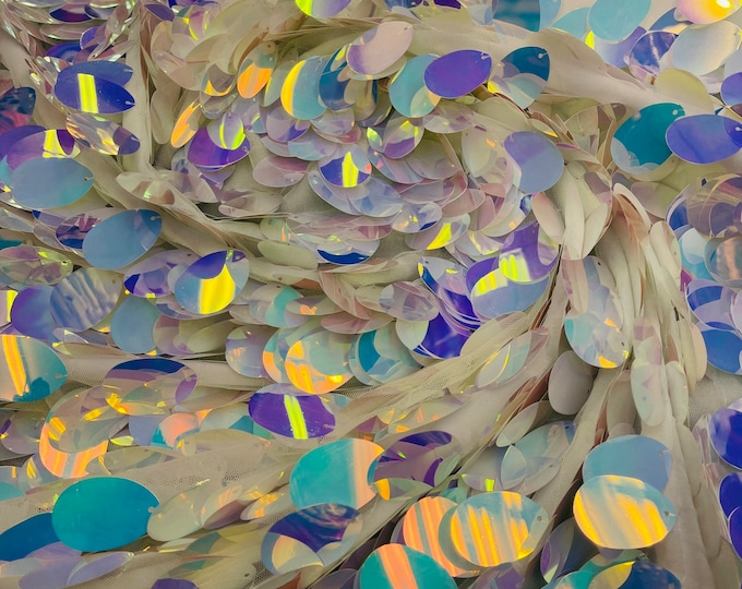 Aqua/Blue Iridescent Jumbo Oval Paillette on  White Mesh by the yard | Jumbo Tear Drop Sequins Fabric | Mia Fabrics Inc